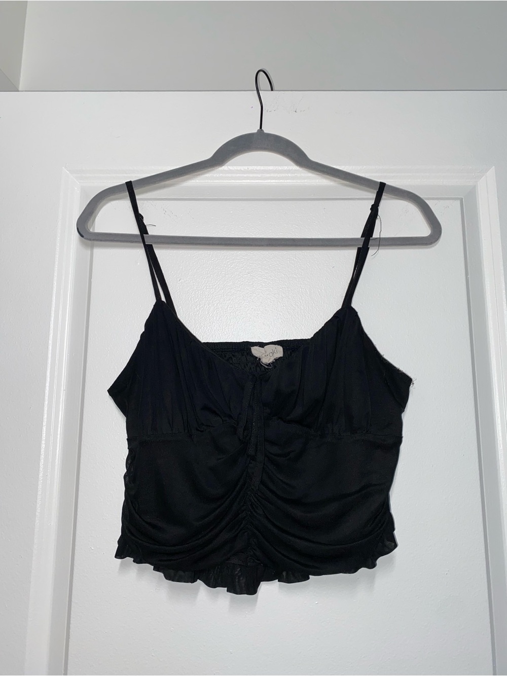 meraki Black Gathered Satin Cami with Ruffle Trim
